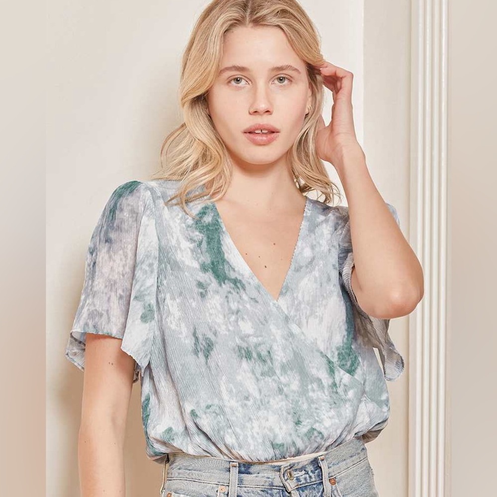 NEW Lulus Let's Meet Tonight Sage Blue Tie-Dye Surplice Bodysuit Small